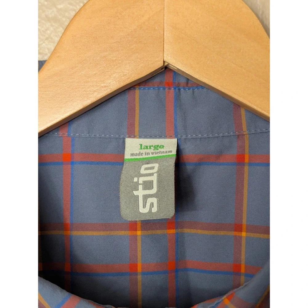 Stio Pearl Snap Shirt Mens Large Blue Orange Plaid Short Sleeve Hiking #2338